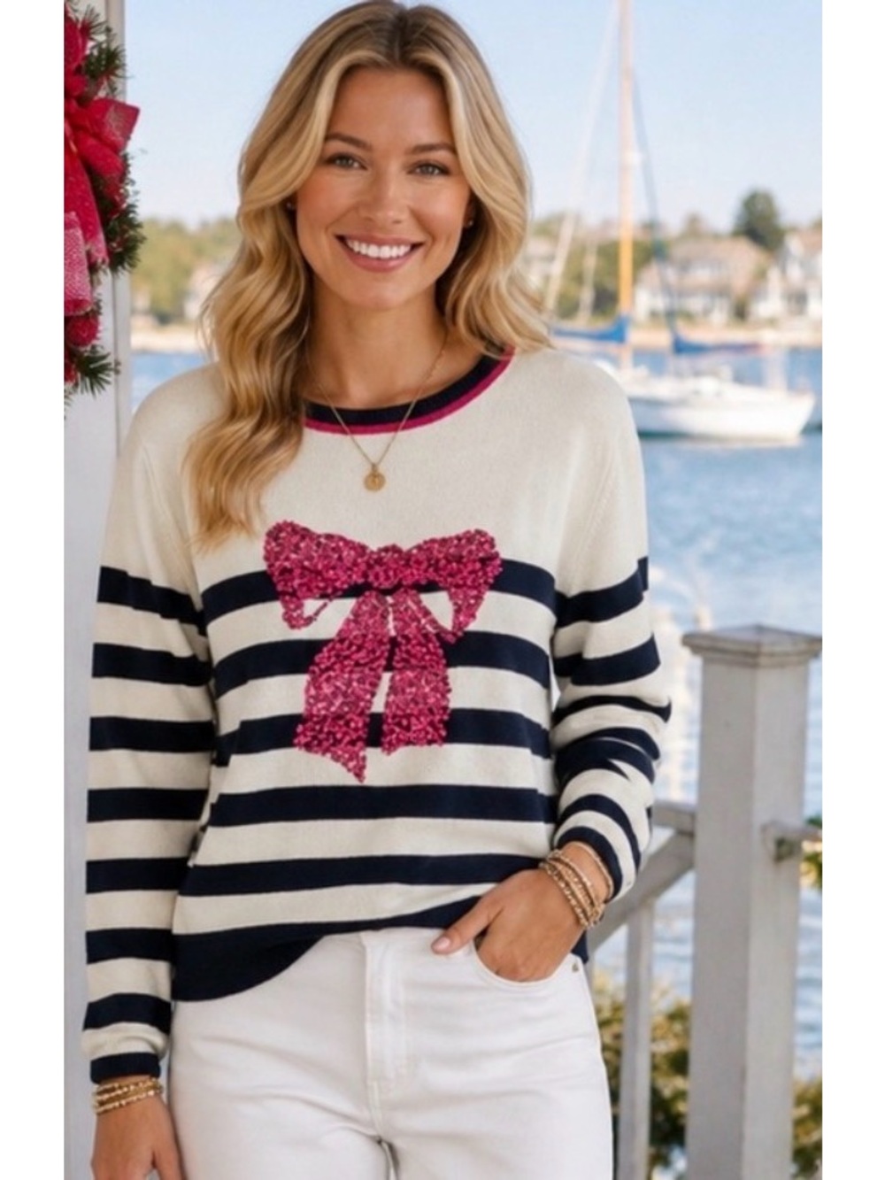 Kim Rogers White & Navy Striped Preppy Coastal Sweater w/Pink Sequin Bow Large
